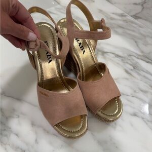 Prada Blush Suede Wedge Sandals with Gold Footbed
